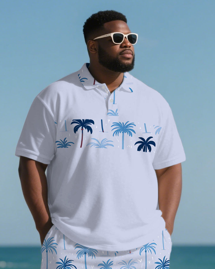 Big Men's Hawaiian Theme Coconut Trees Stripe Style Short Sleeve Polo Shirt Shorts Suit