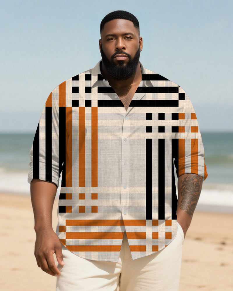 Big & Tall Men's Orange Plaid Long Sleeve Bamboo Hemp Texture Shirt