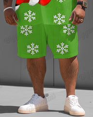 Big Guys Christmas Green Snowflake Santa Print Shirt Shorts Set