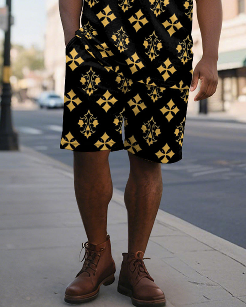 Big & Tall Men's Business Black And Yellow Color Block Diamond Printed Short Sleeve Polo Shirt Shorts Suit