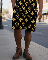 Big & Tall Men's Business Black And Yellow Color Block Diamond Printed Short Sleeve Polo Shirt Shorts Suit