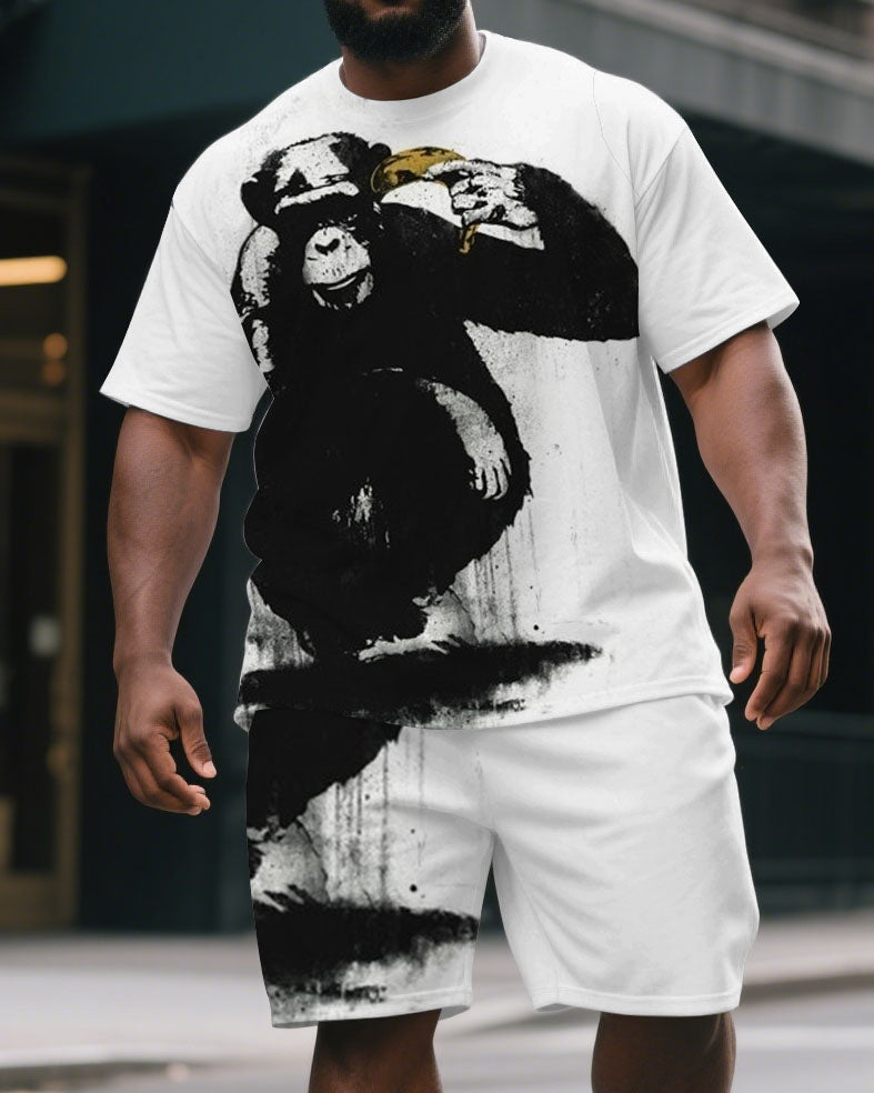 Men's Big & Tall Cartoon Irony Ink Gorillas Print Casual Short-Sleeved T-shirt and Short Set