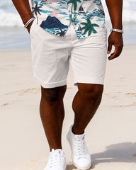 Men's Plus Size Hawaiian Coconut Tree Sailing Print White Shirt Shorts Suit