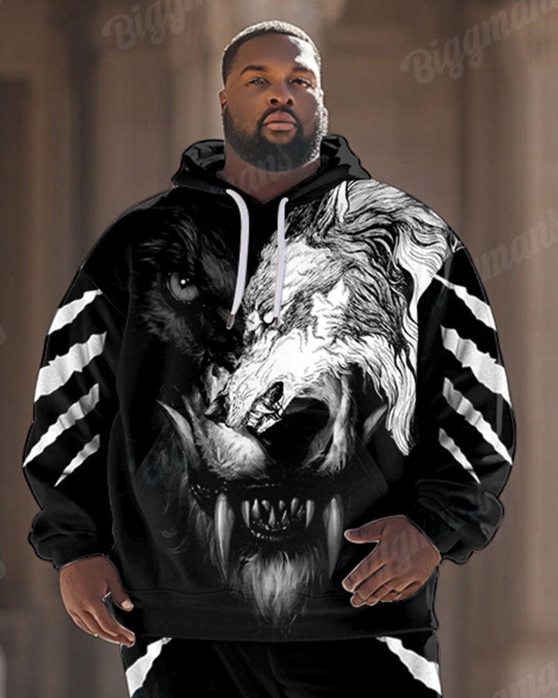 Men’s Street Fashion Graffiti Black And White Wolf Print Big & Tall Hoodie Set