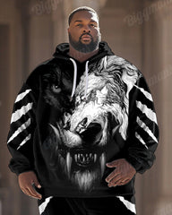 Men’s Street Fashion Graffiti Black And White Wolf Print Big & Tall Hoodie Set