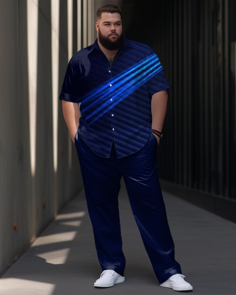 Big Men Business Gradient Light Print Short Sleeve Shirt Trousers Set