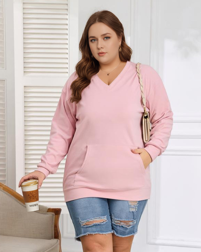 Women's Big And Tall Solid Color V-Neck Kangaroo Pocket Pullover Sweatshirt