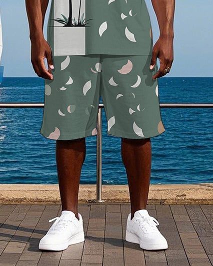 Big Men's Splicing Coconut Trees and Petals Printed Hawaiian Vest and Shorts Set