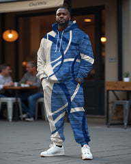 Men's Big & Tall Casual Hip Hop Blue Graphic Hoodie Two-Piece Set