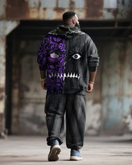 Big & Tall Men's Halloween Black And Purple Devil Expression Contrast Stitch Print Hoodie Suit