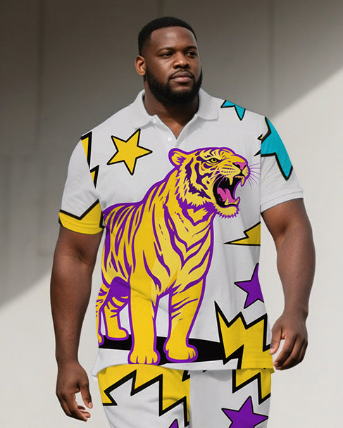 Big Men's Street Fashion Funny Roaring Tiger Cartoon Printed Short-Sleeve Polo Shirt & Shorts Set