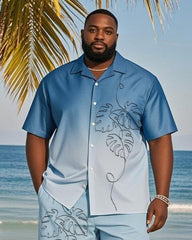 Big & Tall Men's Hawaiian Vacation Blue Gradient Line Leaf Print Shirt Shorts Suit
