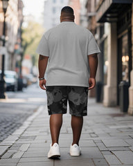 Big & Tall Men's Grey Skull Animal Print Round Neck Short Sleeve T-Shirt Shorts Suit
