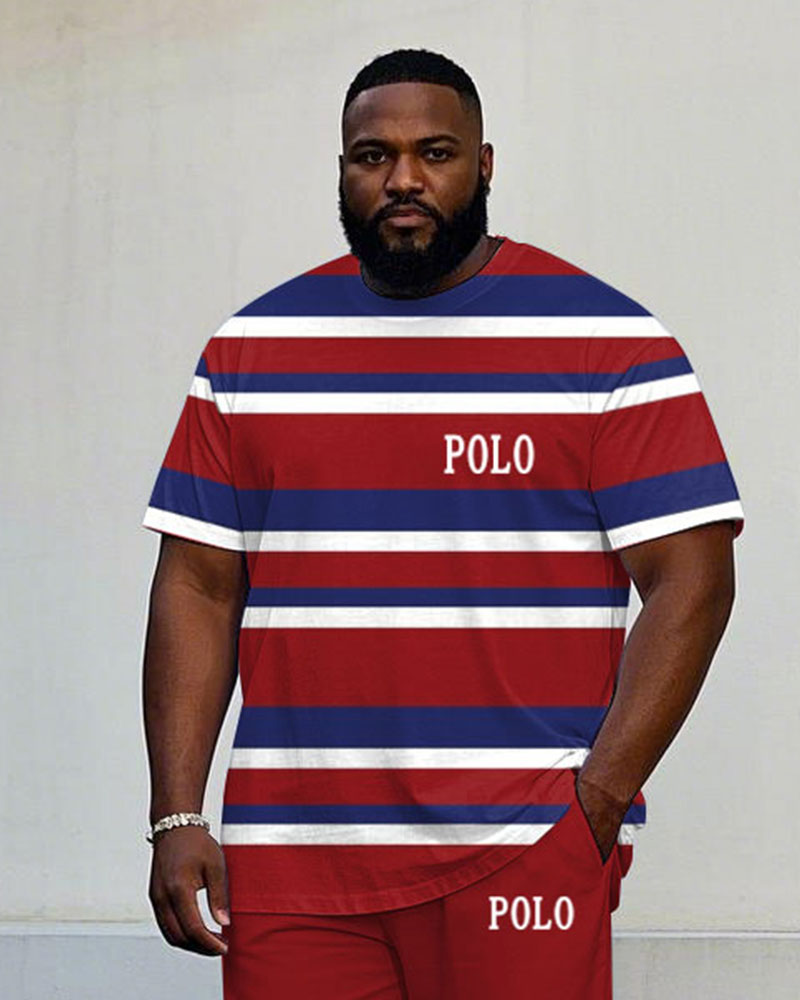 Men's Plus Size Summer Breathable Fabric Red Stripe Short Sleeve T-shirt Trousers Suit