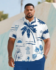 Men's Plus Size Holiday Blue Plant Full Print Short Sleeve Polo Shirt Shorts Suit