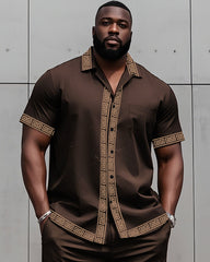 Big Man's Retro Daily Casual Edge Color Block Printing Short Sleeve Shirt Shorts Suit