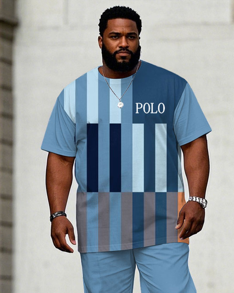 Men's Plus Size Blue Multi-geometric Chest Small Label Printed Short-sleeved T-shirt Trousers Suit