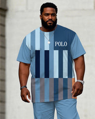 Men's Plus Size Blue Multi-geometric Chest Small Label Printed Short-sleeved T-shirt Trousers Suit