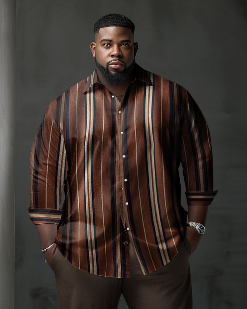 Big Men's Classic Casual Red Brown Striped Long Sleeve Lapel Shirt