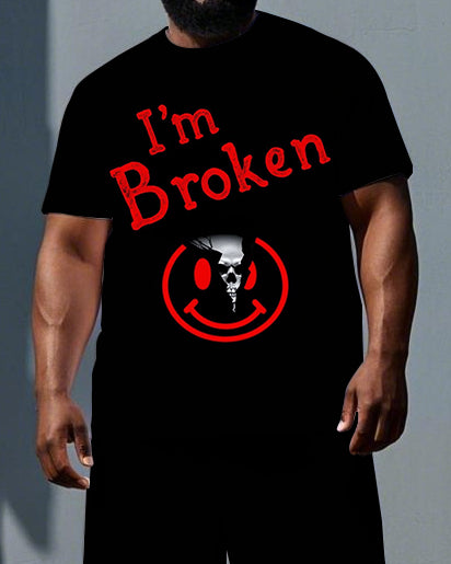 Men's Punk Style I'm Broken Cartoon Print Casual Daily Big & Tall Short-Sleeve T-shirt 2-Piece Set