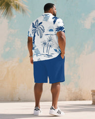 Men's Plus Size Holiday Blue Plant Full Print Short Sleeve Polo Shirt Shorts Suit
