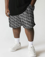 Men's Plus Size Black Stripe Letter Patchwork Print Short Sleeve T-Shirt Shorts Suit