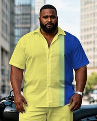 Men's Plus Size Simple Casual Blue & Yellow Colorblock Short Sleeve Shirt Pants Suit