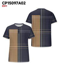 Men's Plus Size Blue Khaki Colorblock Geometric Print Henry Collar Button Short Sleeve Tee