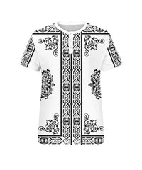 Men's Plus Size White Vintage Pattern Printed Henry Collar Button Short Sleeve T-shirt