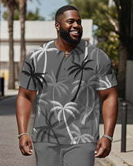 Men's Plus Size Grey Coconut Tree Print Henley Collar T-Shirt Trousers Suit