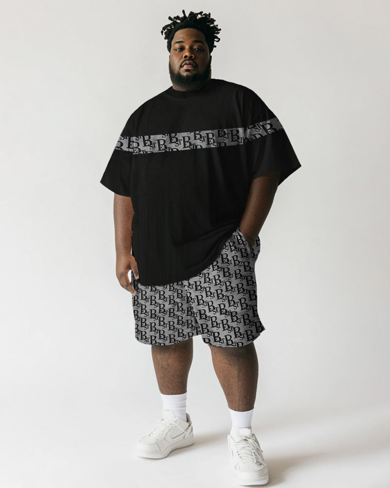 Men's Plus Size Black Stripe Letter Patchwork Print Short Sleeve T-Shirt Shorts Suit