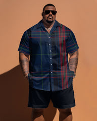 Big Build Men Classic England Plaid Short Sleeve Shirt Shorts Set