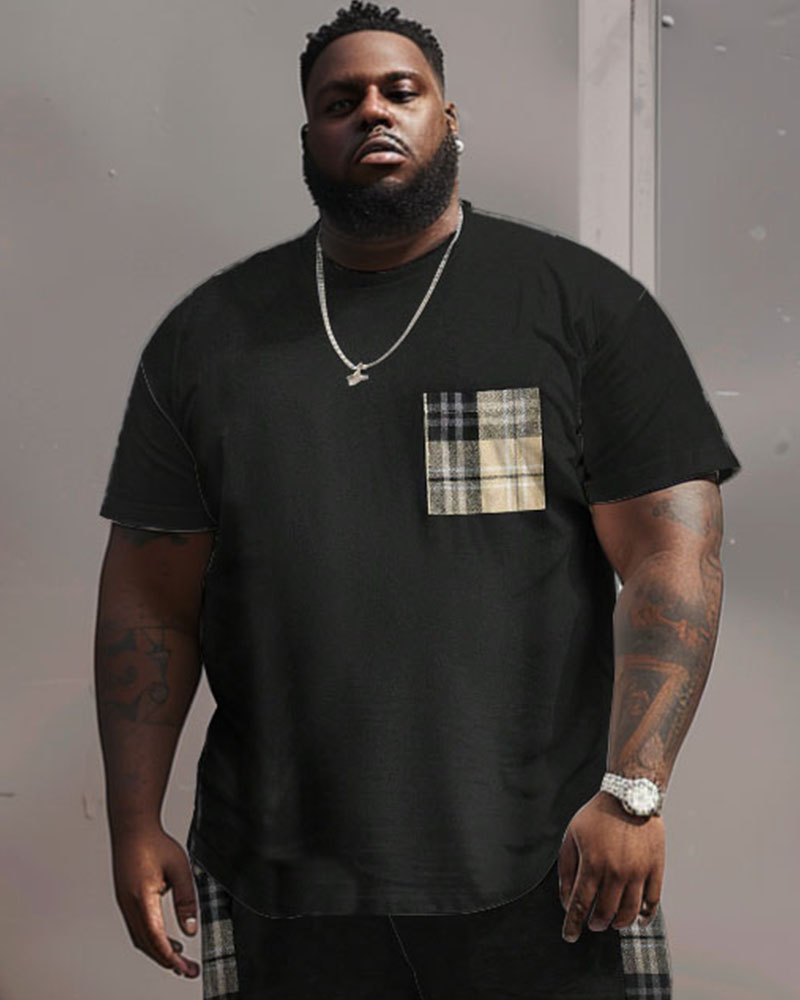 Men's Plus Size Casual Simple Plaid Pocket Printed T-shirt Shorts Suit