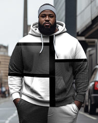 Men's Large Size Black And White Plaid Colorblock Casual Hoodie And Sweatpants Two-Piece Set