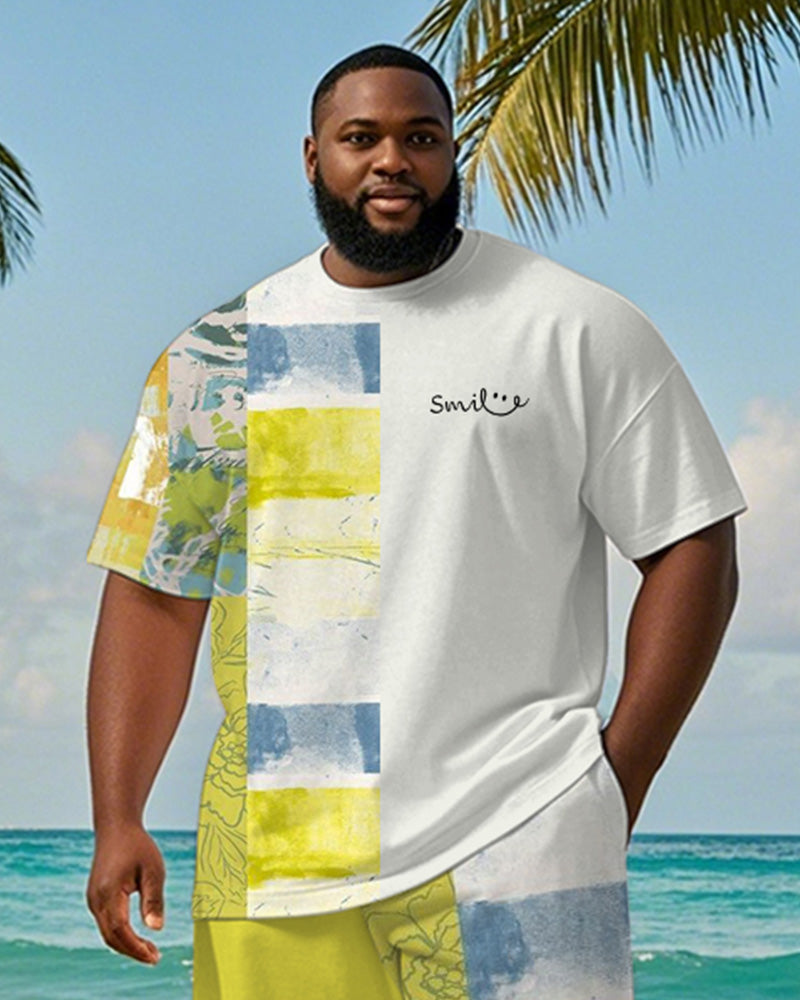 Big & Tall Men's Hawaiian Teal Striped Alphabet Print Round Neck Short Sleeve T-Shirt Shorts Suit