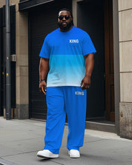 Men's Big & Tall Gradient Splicing Style Letter KING Printed Casual Short Sleeve T-shirt Pants Set