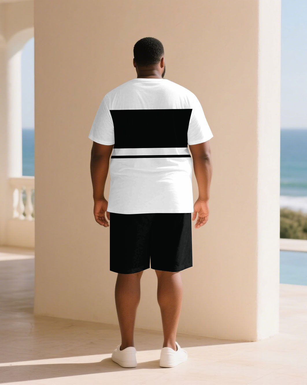 Big & Tall Men Black & White Chest Patch Pocket Round Neck Short Sleeve T-Shirt Shorts Suit