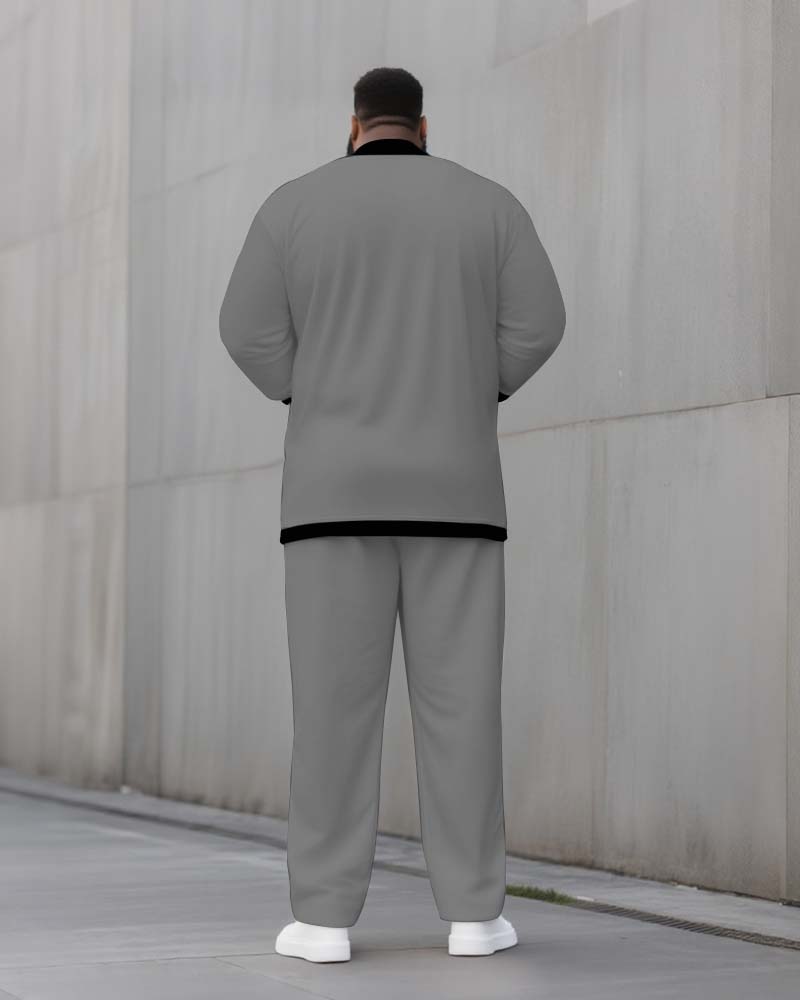 Big & Tall Men's Solid Color POLO V-Neck Long Sleeve Pants Two-Piece Set