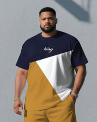 Men's Plus Size Dark Blue & Yellow & White Fashion Round Neck Short Sleeve T-Shirt Shorts Suit