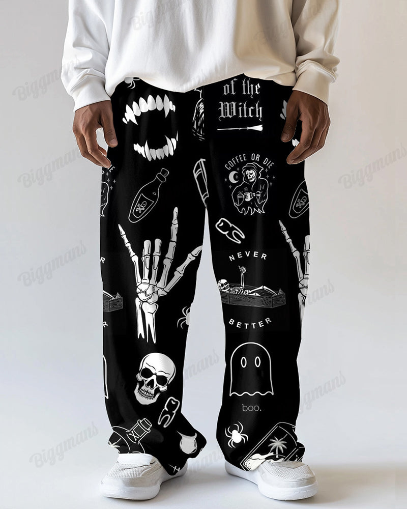 Hand Bone Pattern Printed Men's Loose Big and Tall Straight Long Sweat Pants