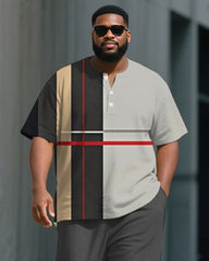 Men's Plus Size Light Gray Black Colorblock Stripe Print Henry Collar T-Shirt Trousers Suit