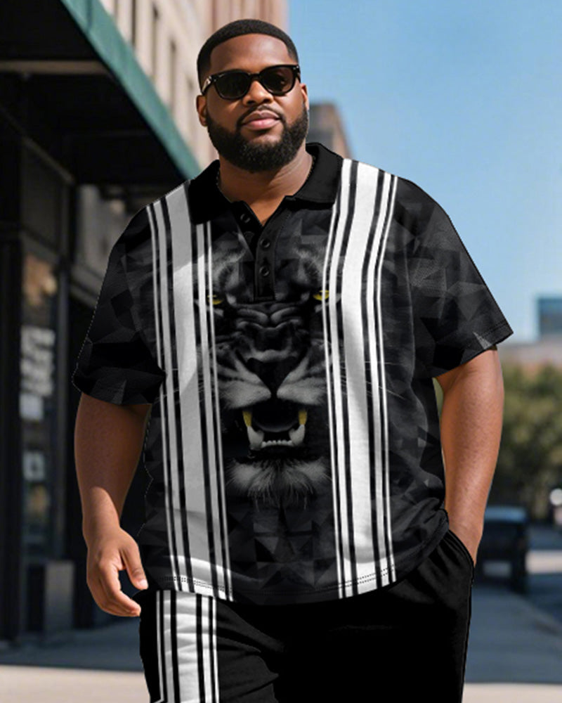 Big & Tall Men's Business Black Tiger Graffiti Stripe Print Short Sleeve Polo Shirt Shorts Suit