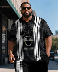 Big & Tall Men's Business Black Tiger Graffiti Stripe Print Short Sleeve Polo Shirt Shorts Suit