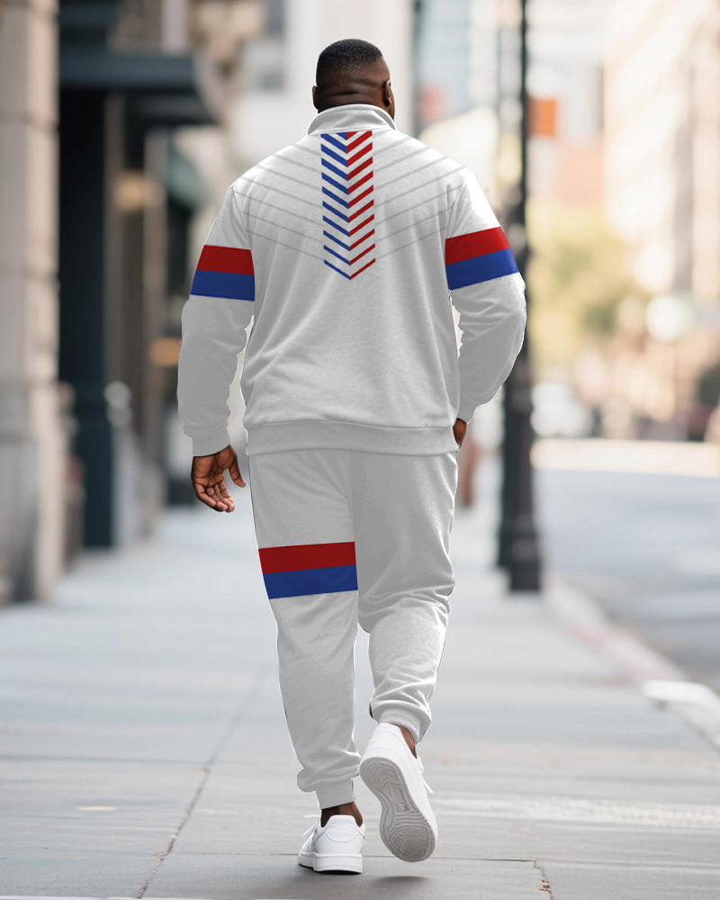 Big & Tall Men's Red And Blue Striped Contrast Printed POLO Collar Zipper Long Sleeve Pants Two-piece Set
