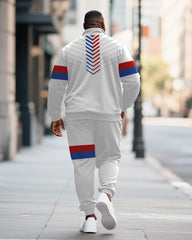 Big & Tall Men's Red And Blue Striped Contrast Printed POLO Collar Zipper Long Sleeve Pants Two-piece Set