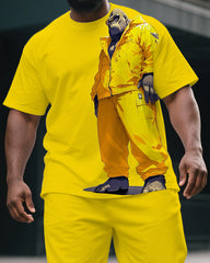 Men's Fashion Yellow Cool Gorillas Cartoon Print Big & Tall Laid-back Short-Sleeve T-shirt & Short Set
