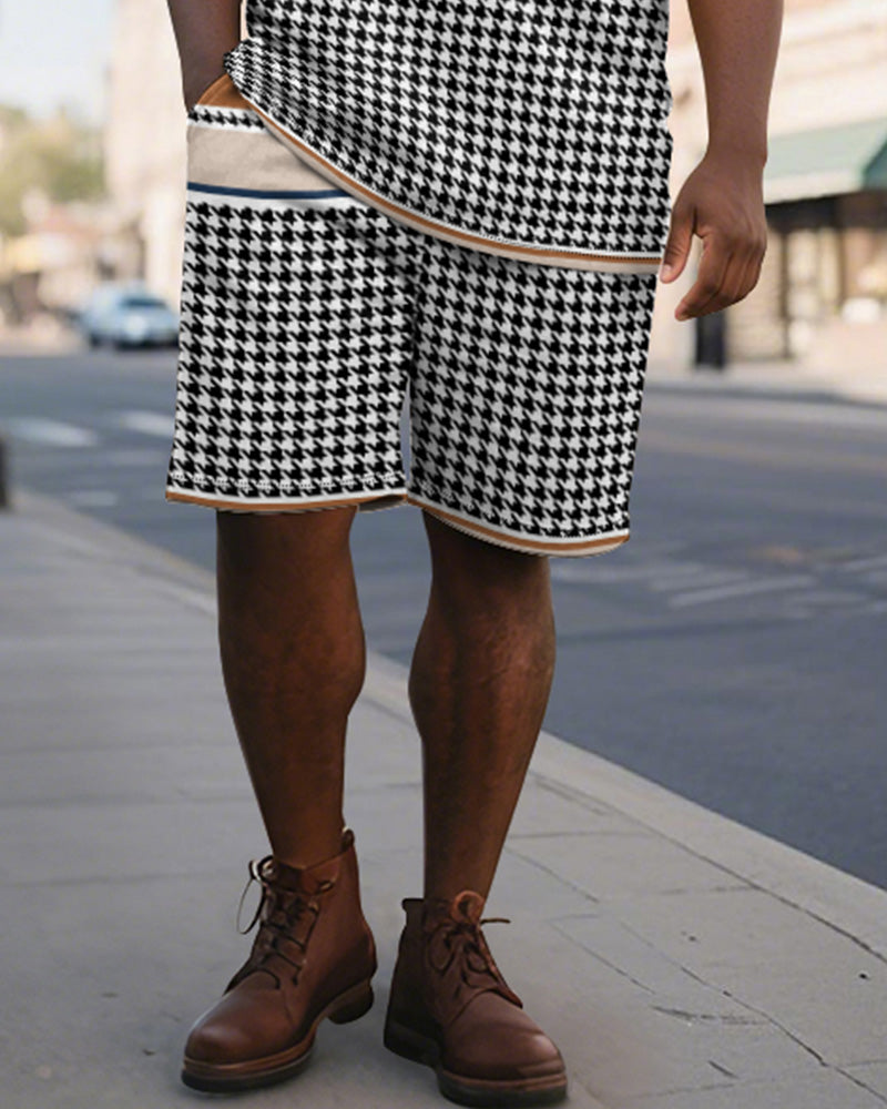 Men's Plus Size Daily Blue Houndstooth Patchwork Letter Print Short Sleeve Polo Shirt Shorts Suit