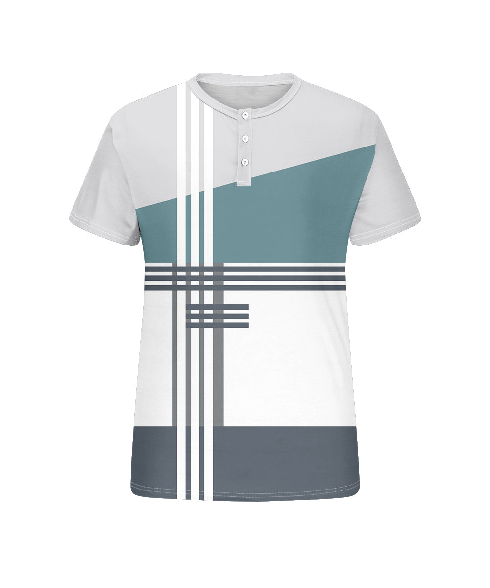 Men's Plus Size Daily Casual Blue White Grey Striped Geometric Print Henry Collar Button Short Sleeve T-Shirt