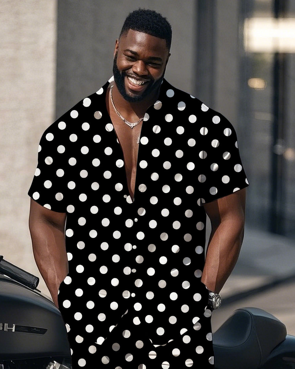 Big Man's Street Motorcycle Style White Small Dot Black Short Sleeve Shirt Shorts Suit