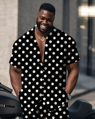 Big Man's Street Motorcycle Style White Small Dot Black Short Sleeve Shirt Shorts Suit